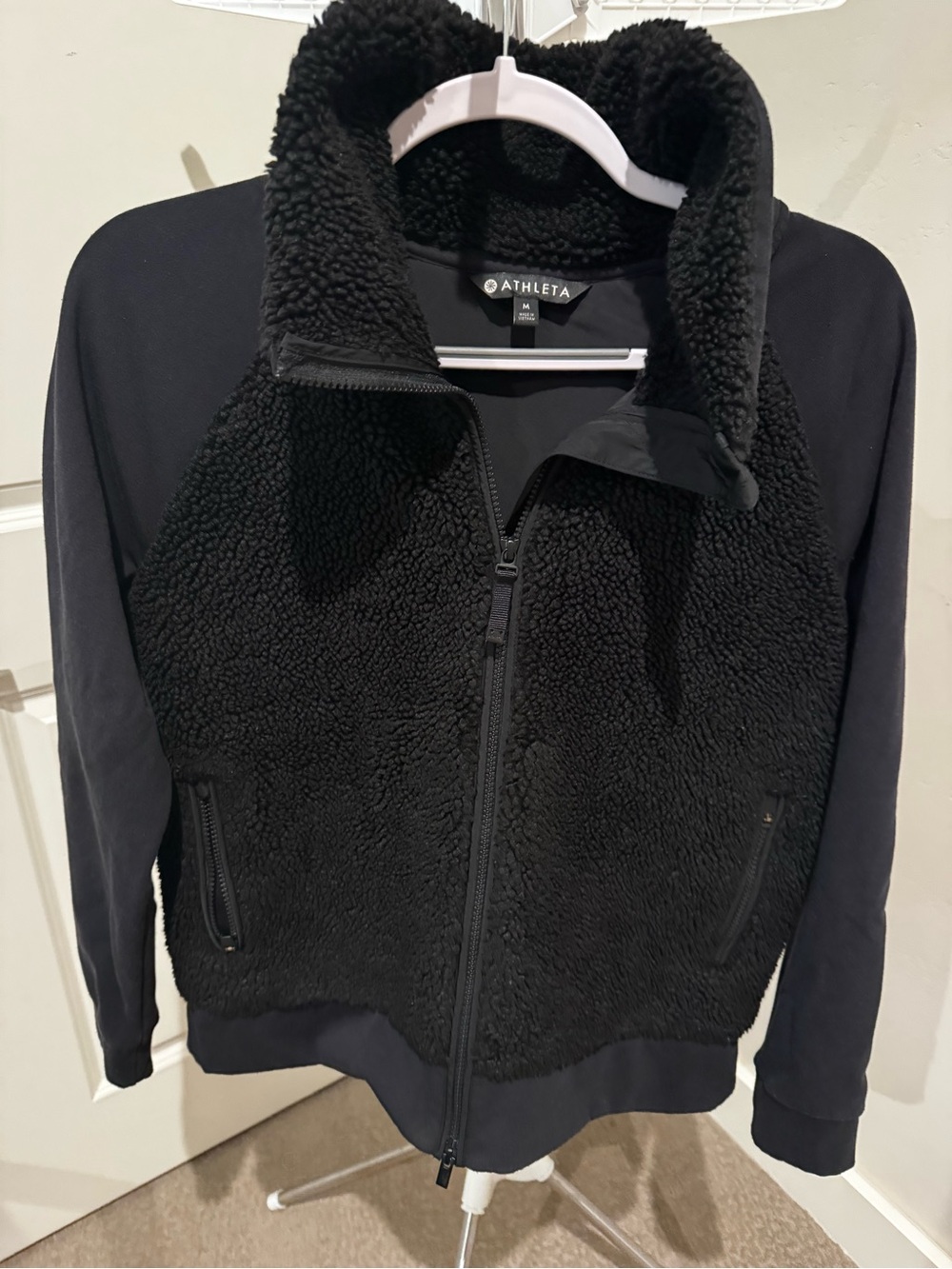 Athleta Black Sherpa Zip Jacket with Knit Sleeves